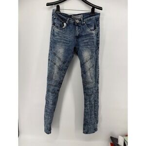 Demolition Ex Denim Mens 30x32 Biker Moto Jeans Acid Wash Blue Distressed Slim